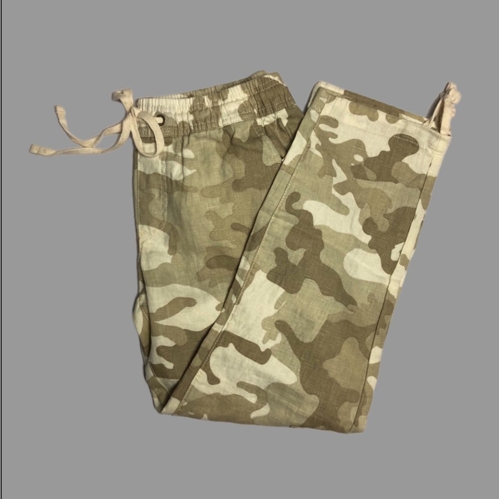 🧡 XS 🧡 NWT Anthro Pants Drawstring Waist Neutral Camo Cropped Linen